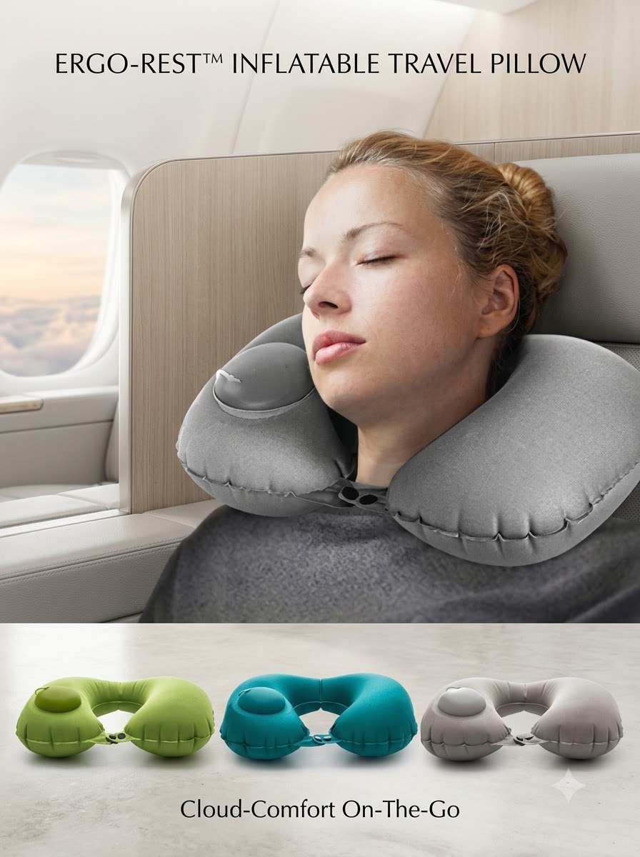Demonstrating built in push pump on inflatable air neck travel pillow
