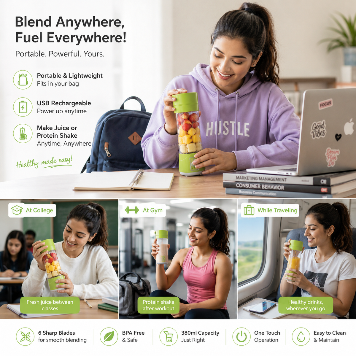 133 Portable USB Electric Juicer & Protein Shaker Bottle (6 Stainless Steel Blades) – Rechargeable Personal Blender for Fresh Juice, Smoothies & Gym Shakes