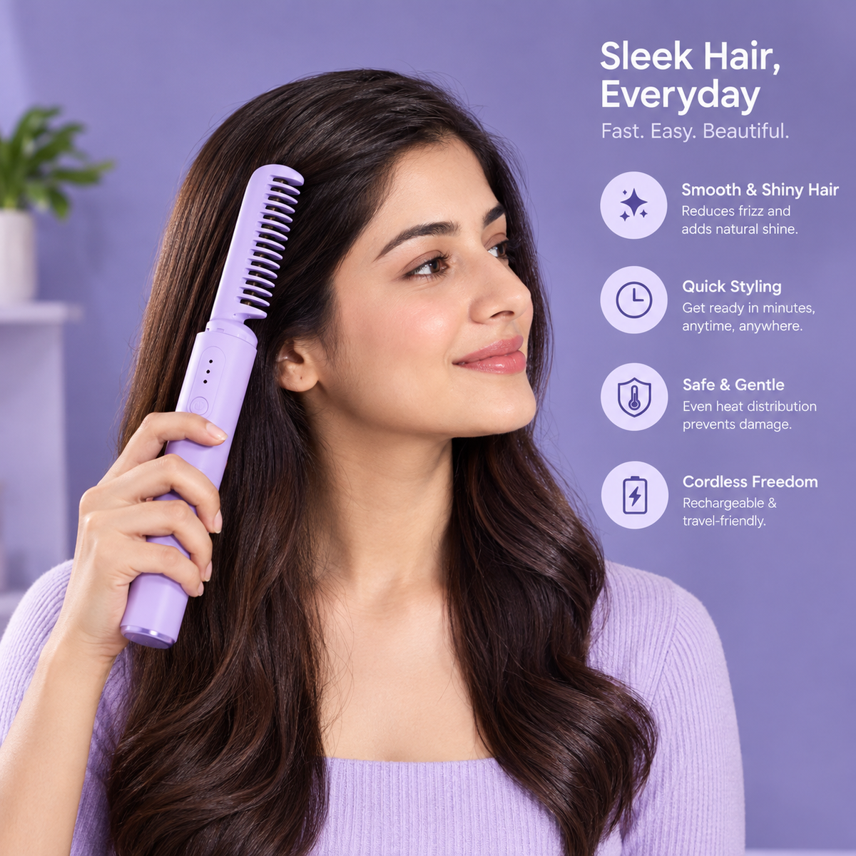 A woman with long, straight dark hair holds a lavender purple cordless hair straightener in her hand, set against a matching lavender background with product feature callouts on the right.