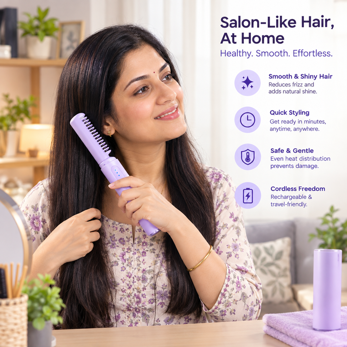 Combing frizzy hair with cordless portable straightener brush for smooth hair