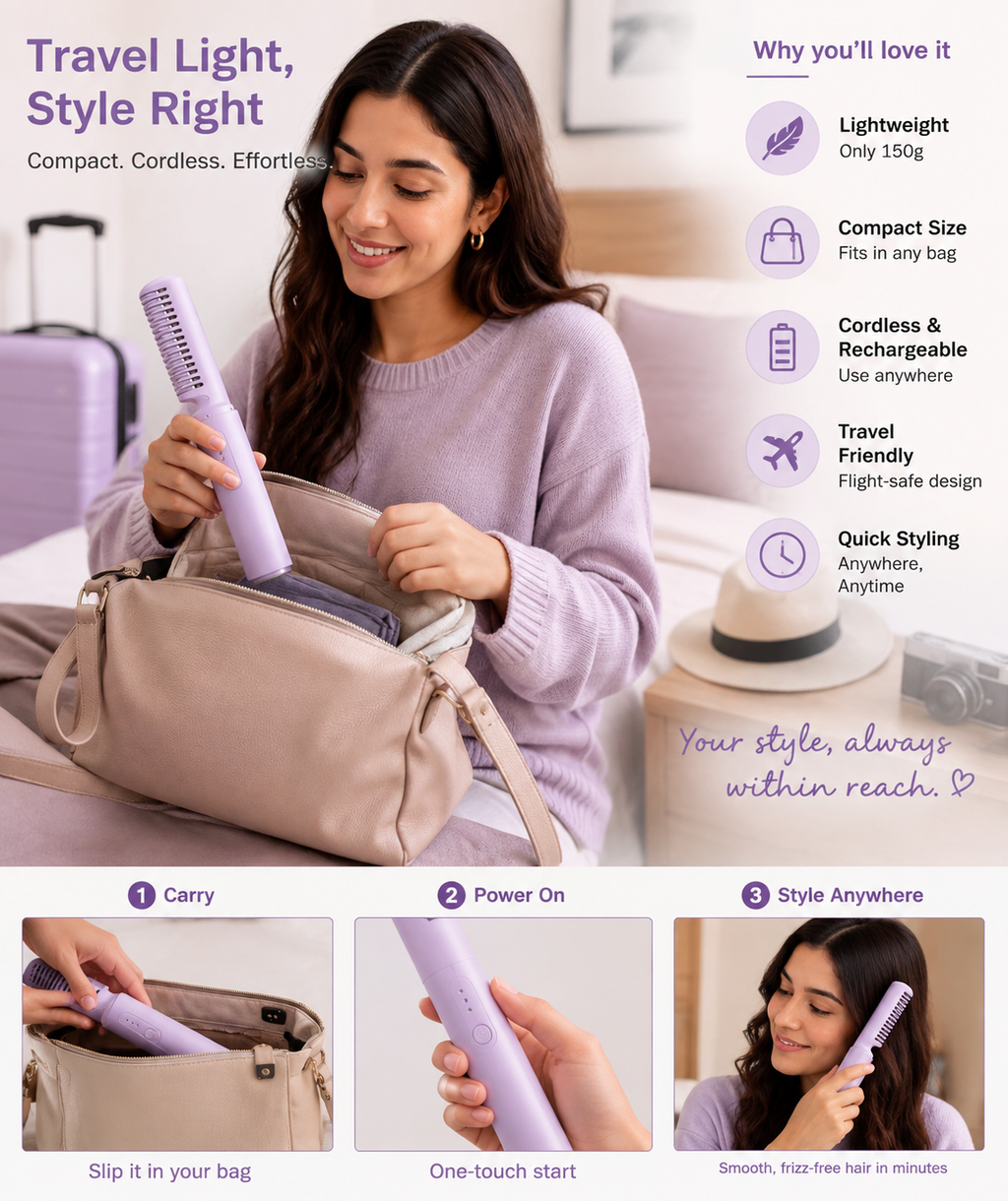Compact rechargeable mini hair straightener stored inside female handbag