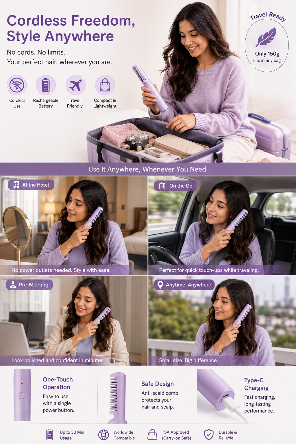 Portable Rechargeable Mini Hair Straightener Brush – Cordless USB Hair Straightening Comb with Anti-Scald Design for Touch-Ups & Travel