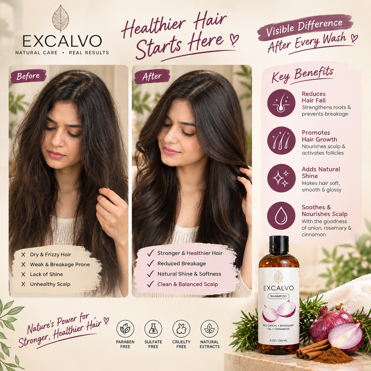 Applying red onion hair oil to scalp using built in comb applicator nozzle