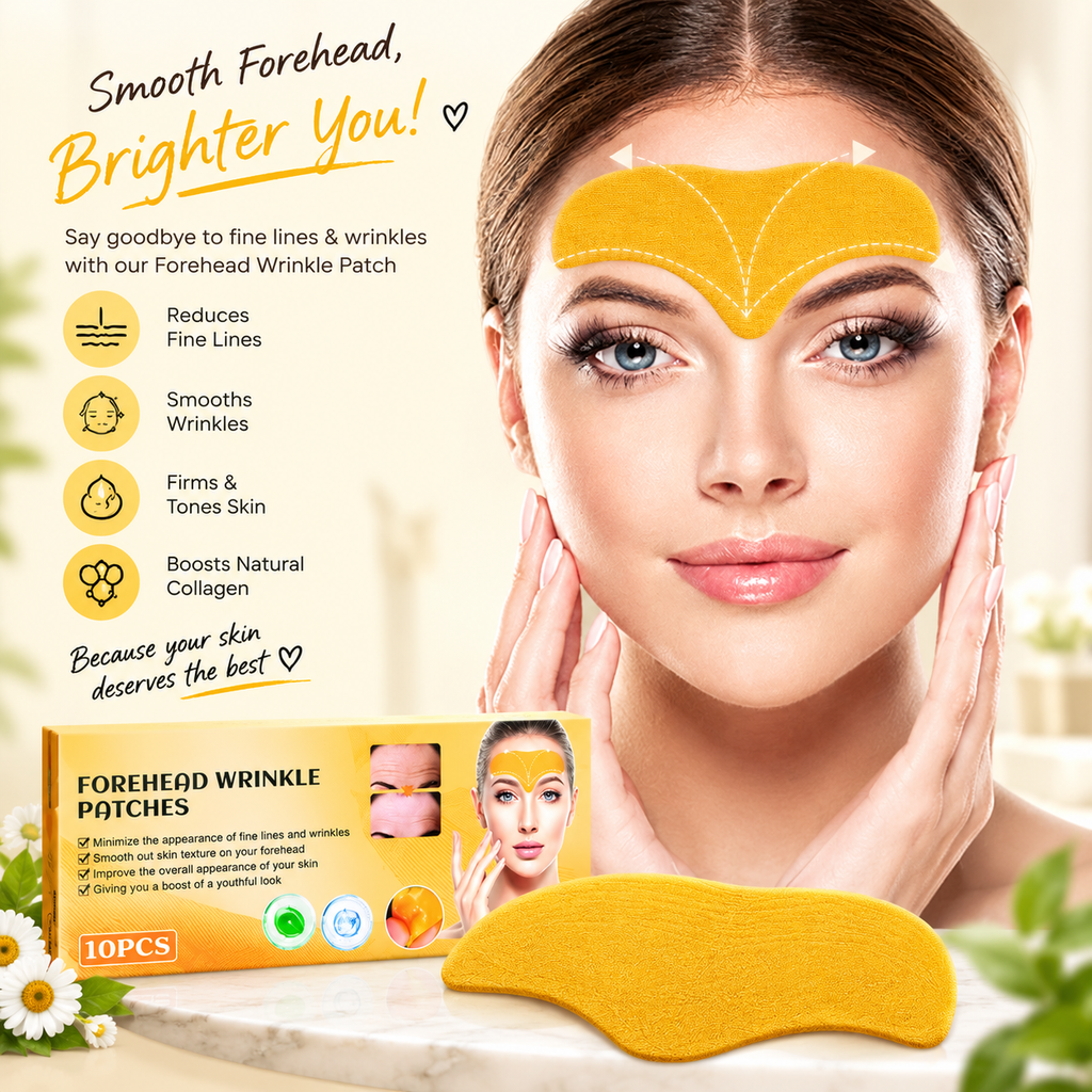 Woman applying hydrogel wrinkle patch across forehead for anti aging care