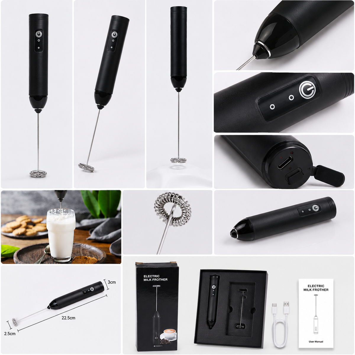 A collage showing a black electric milk frother from multiple angles, including the wand, whisk head, power button close-up, filled with milk, packaging box, USB charging cable, and instruction card on a white background.