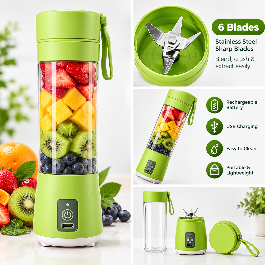 133 Portable USB Electric Juicer & Protein Shaker Bottle (6 Stainless Steel Blades) – Rechargeable Personal Blender for Fresh Juice, Smoothies & Gym Shakes
