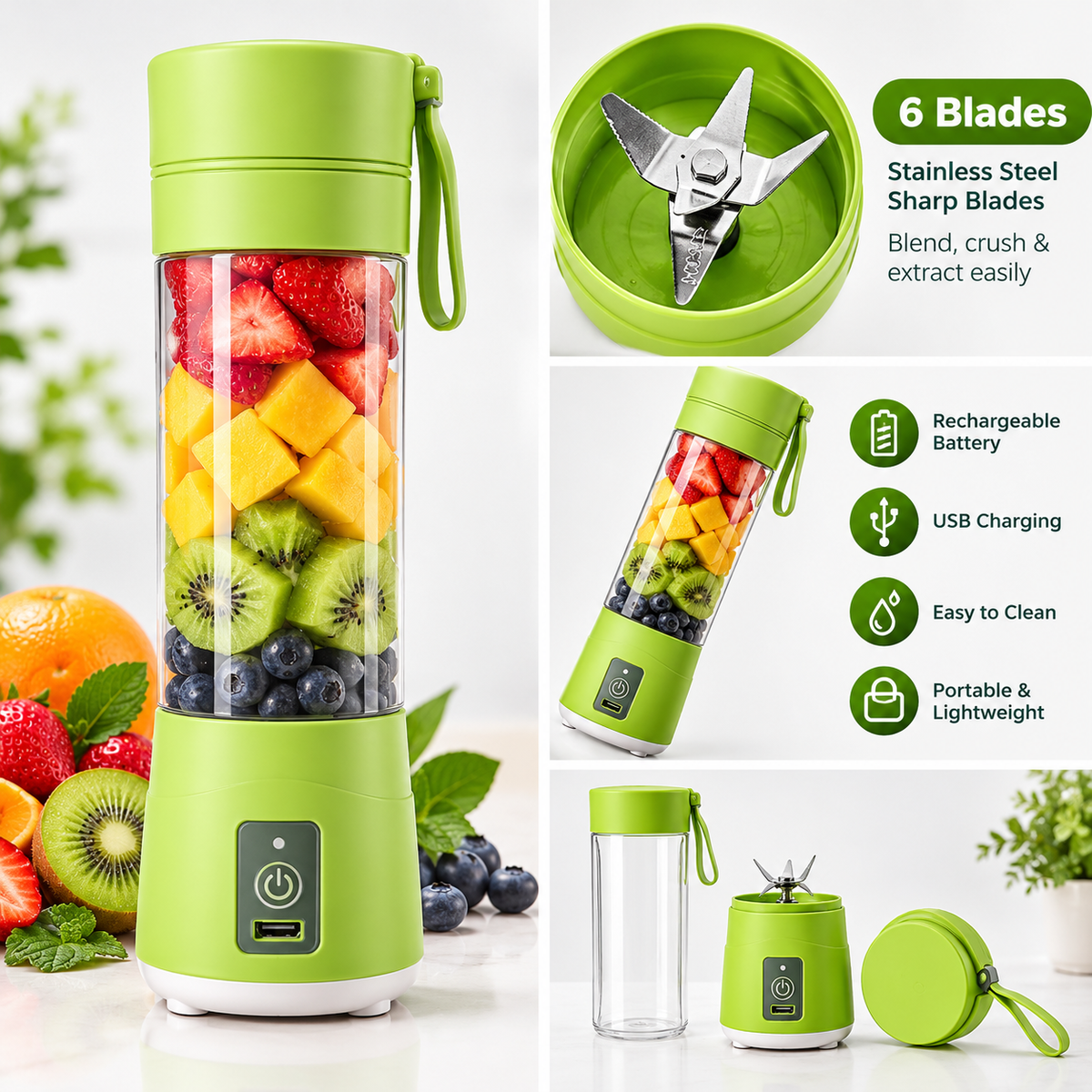 133 Portable USB Electric Juicer & Protein Shaker Bottle (6 Stainless Steel Blades) – Rechargeable Personal Blender for Fresh Juice, Smoothies & Gym Shakes