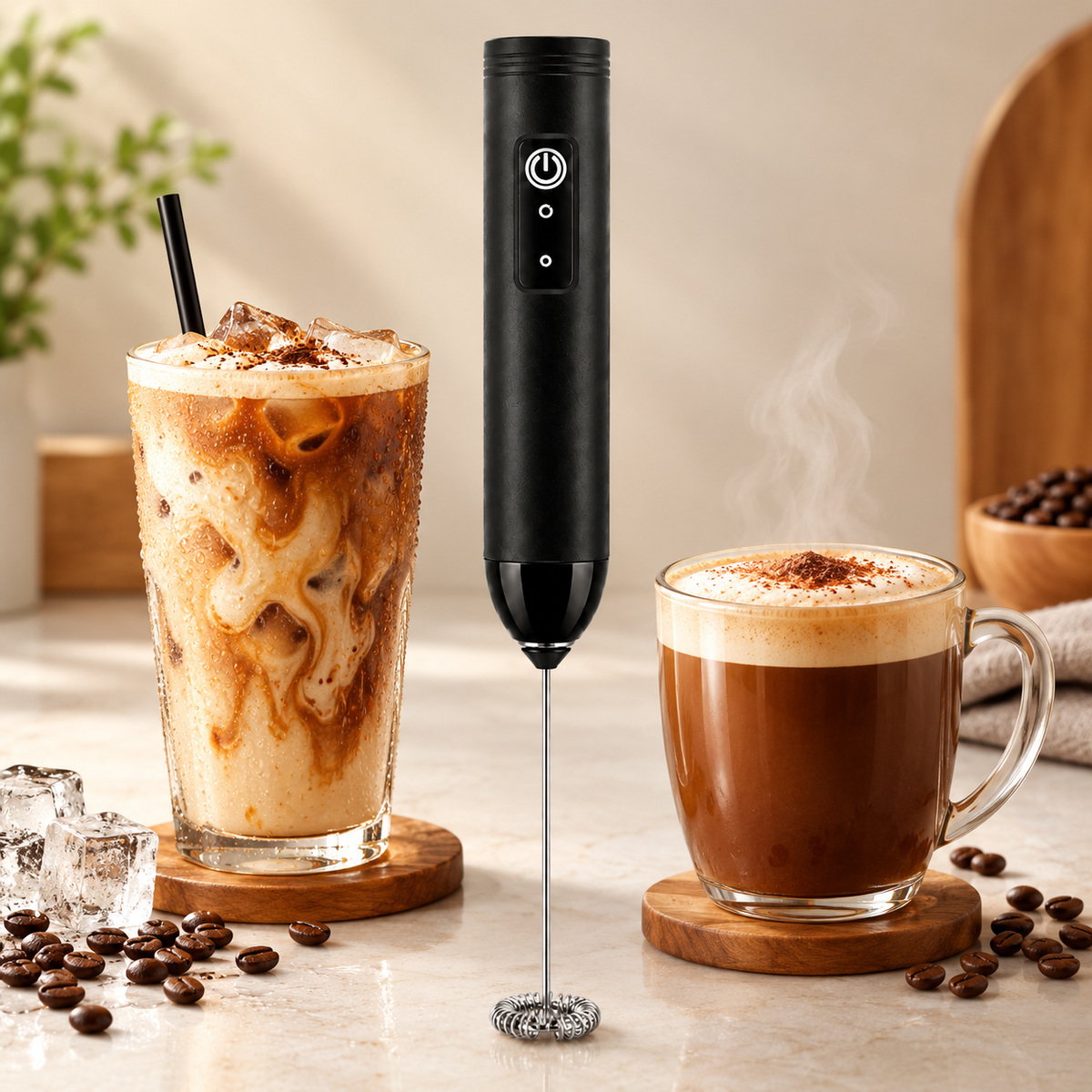 A black handheld electric milk frother stands upright between two coffee drinks on a light stone surface. On the left is an iced latte in a tall glass with a black straw, and on the right is a hot coffee mug with foam and steam rising.